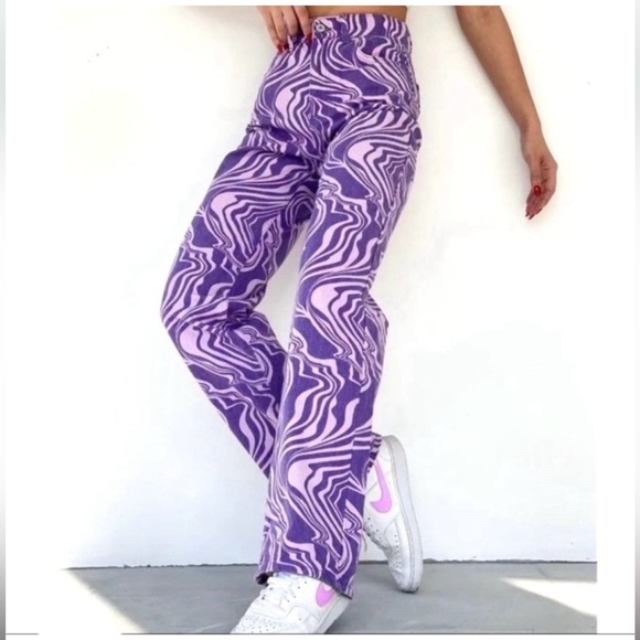 ZARA Purple Psychedelic High Waisted Straight Jeans - Picture 1 of 8